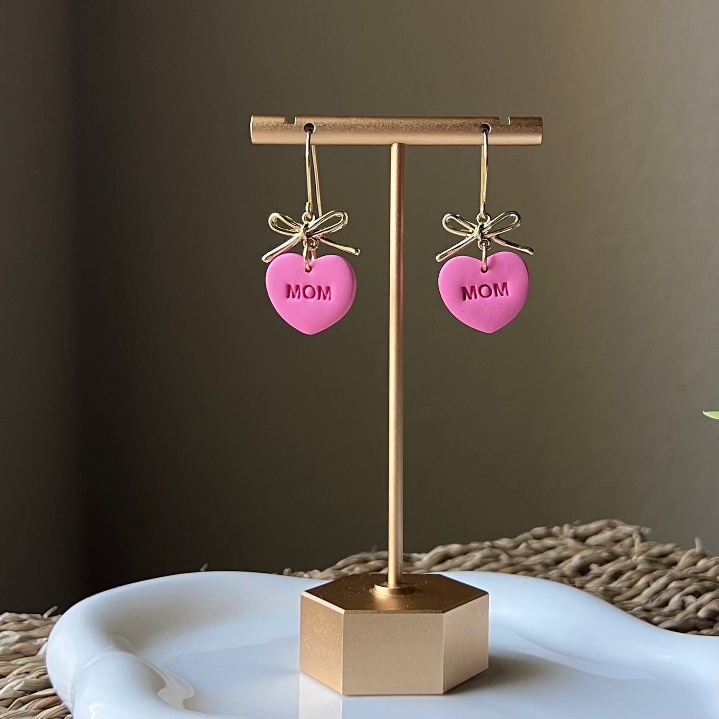 Blush Pink Mom Heart Polymer Clay Earrings with Bow, Mother’s Day Gift, Lightweight Dangles