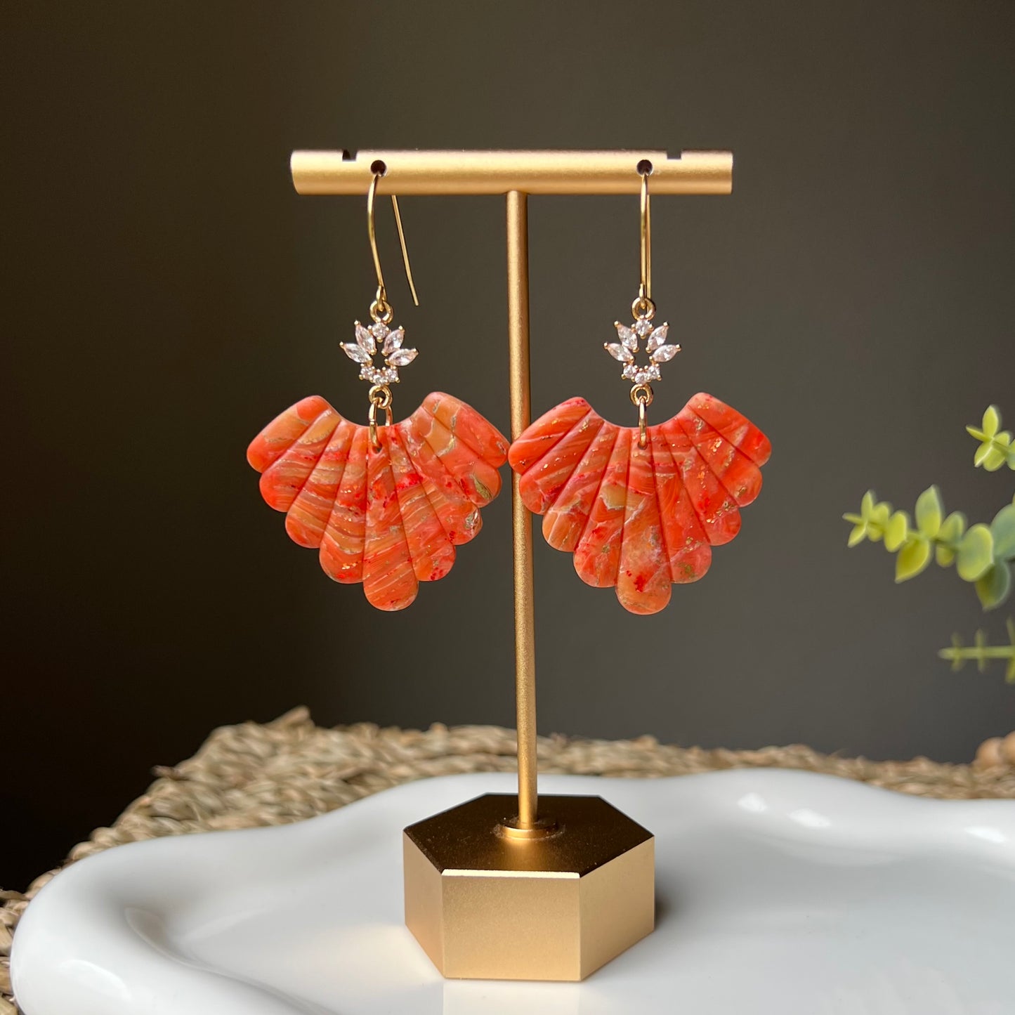 Orange Marbled Polymer Clay Statement Earrings