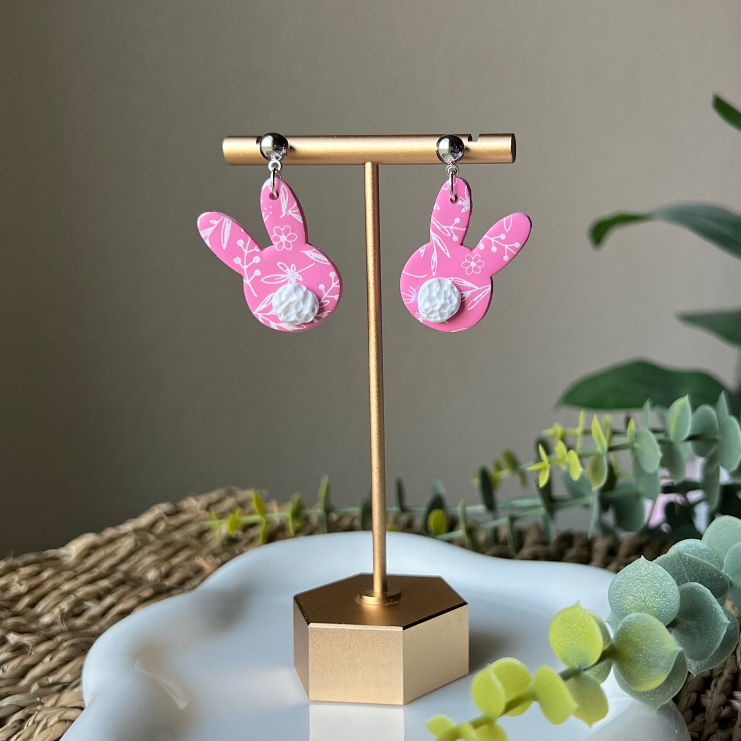 Pink Pastel Floral Print Bunny Polymer Clay Dangle Earrings