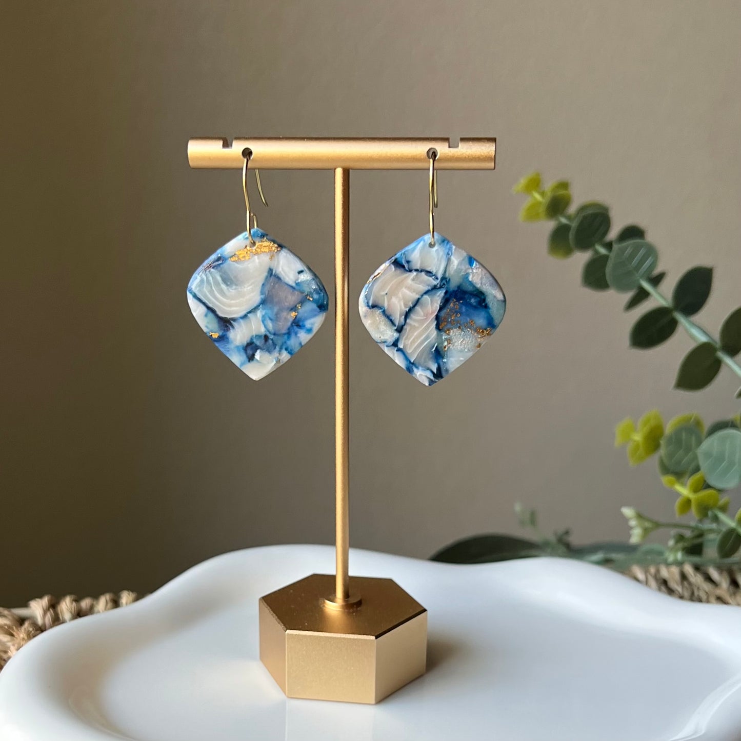 Coastal Blue Marbled Polymer Clay Dangle Earrings