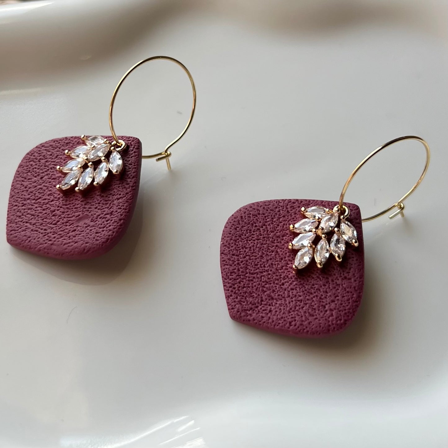 Mulberry Textured Polymer Clay Hoop Earrings with Cubic Zirconia Leaf Charm