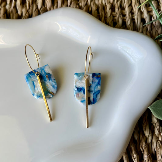 Coastal Blue Marbled Polymer Clay Hoop Earrings