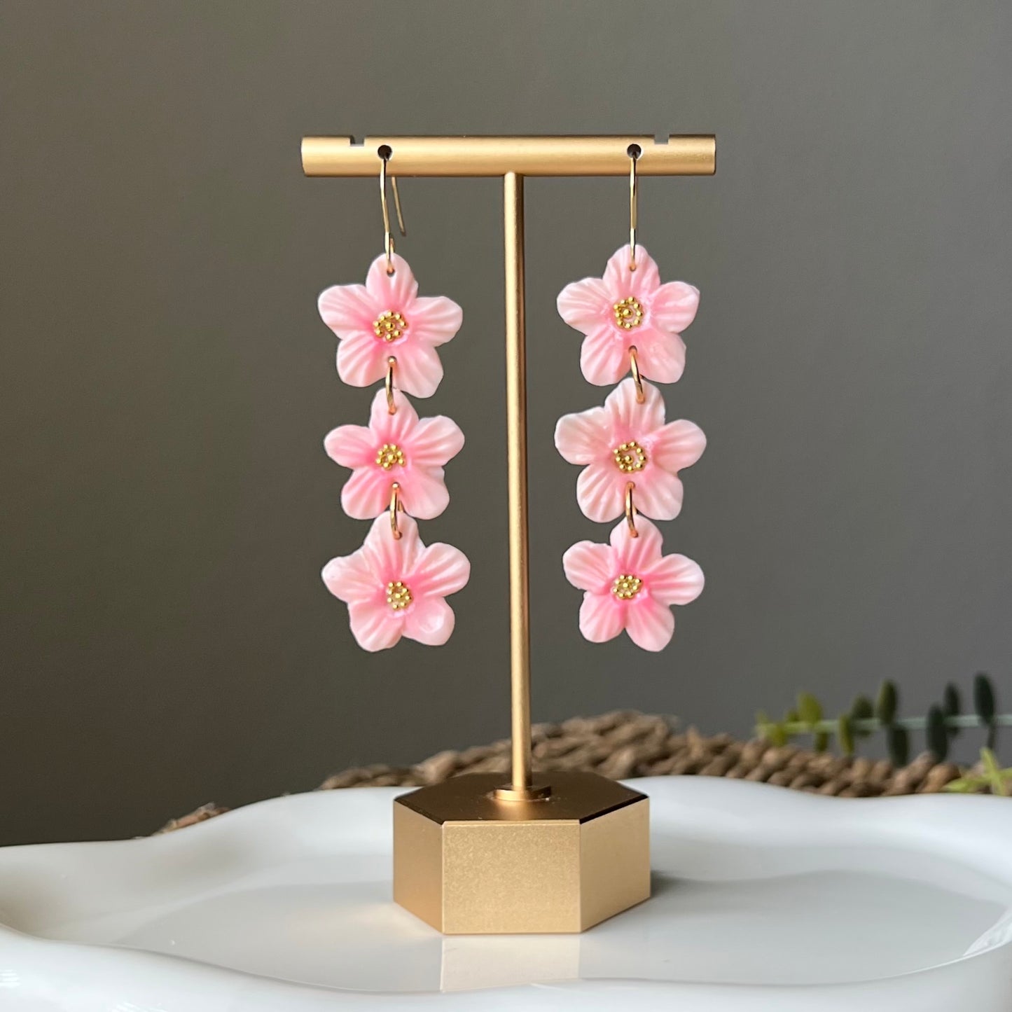 Triple Cherry Blossom Sakura Flower Clay Earrings
