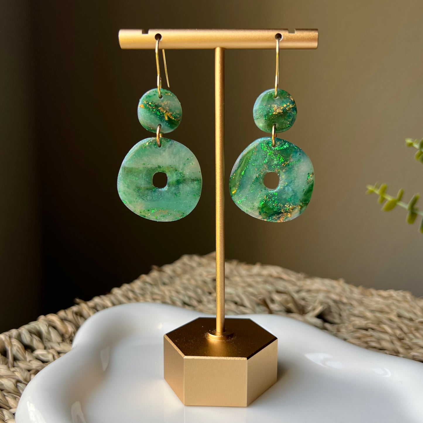 Green Marbled Organic Circle Polymer Clay Earrings