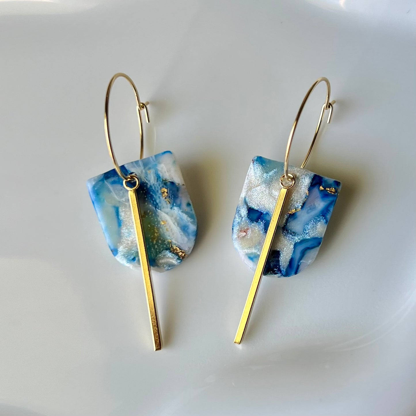 Coastal Blue Marbled Polymer Clay Hoop Earrings