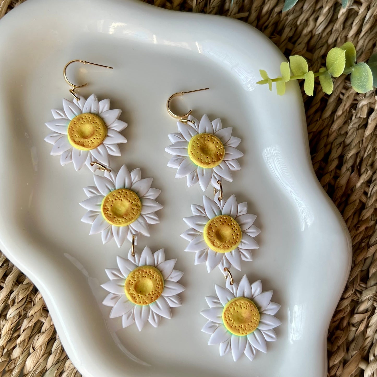 Long White Daisy Polymer Clay Statement Earrings