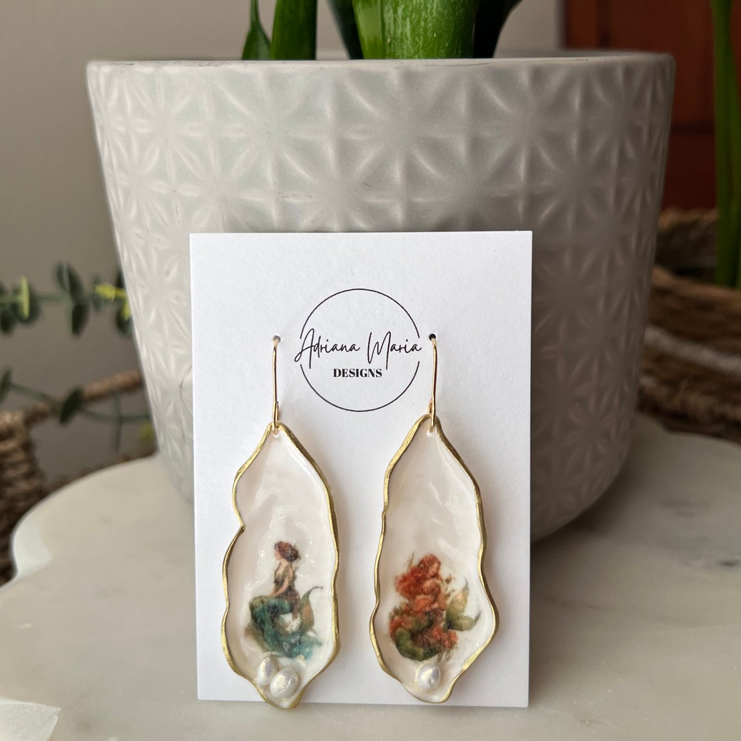 Oyster Clay Earrings with Whimsical Mermaid Print, Lightweight Dangles