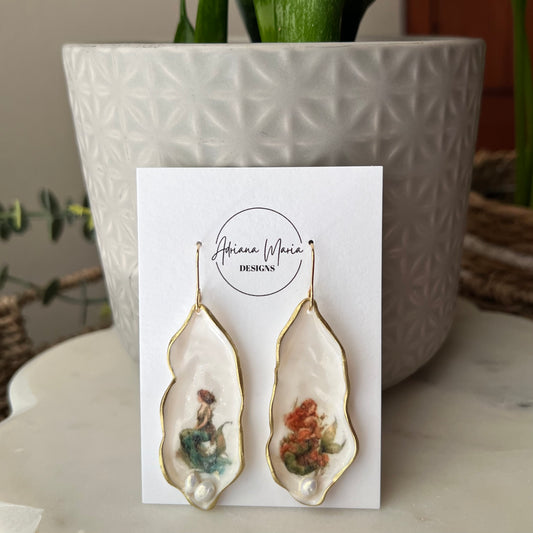 Oyster Clay Earrings with Whimsical Mermaid Print, Lightweight Dangles
