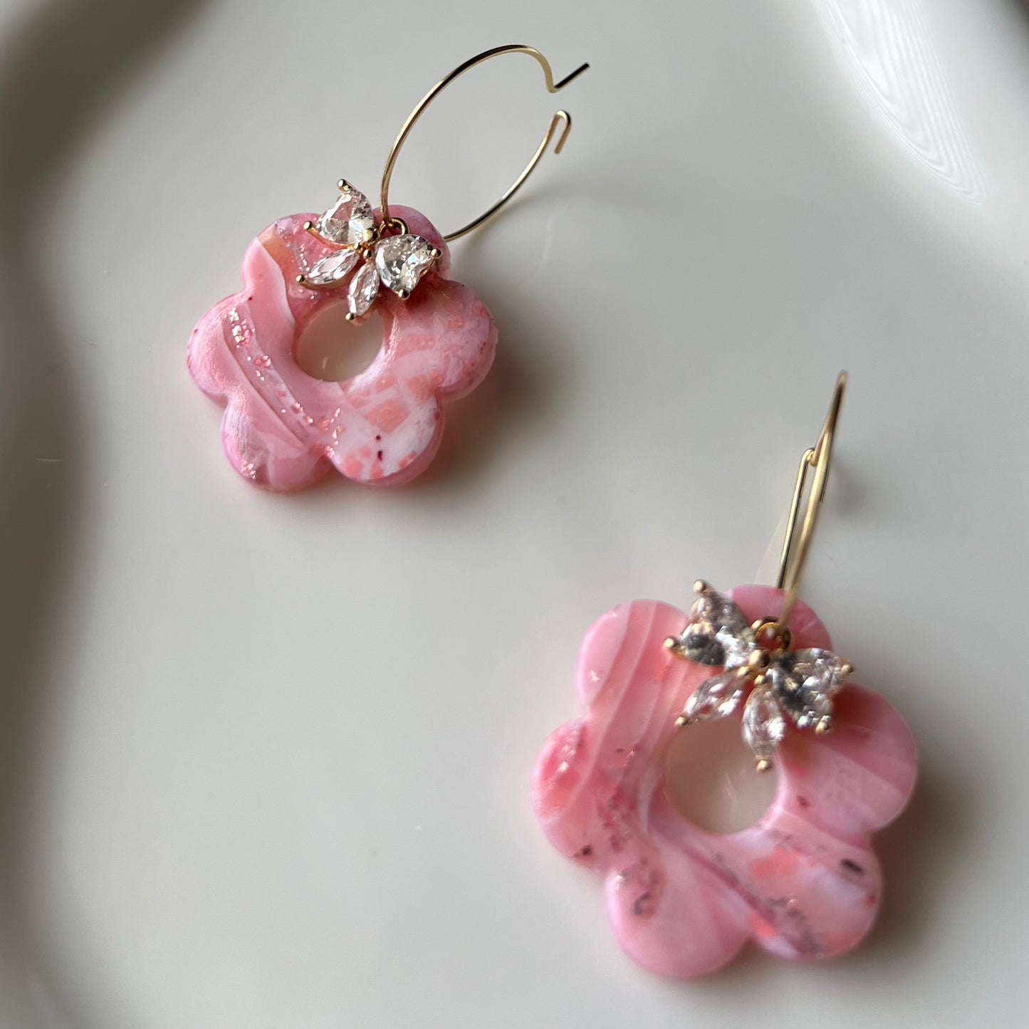 Rose Quartz Inspired Retro Flower  Polymer Clay Hoop Earrings