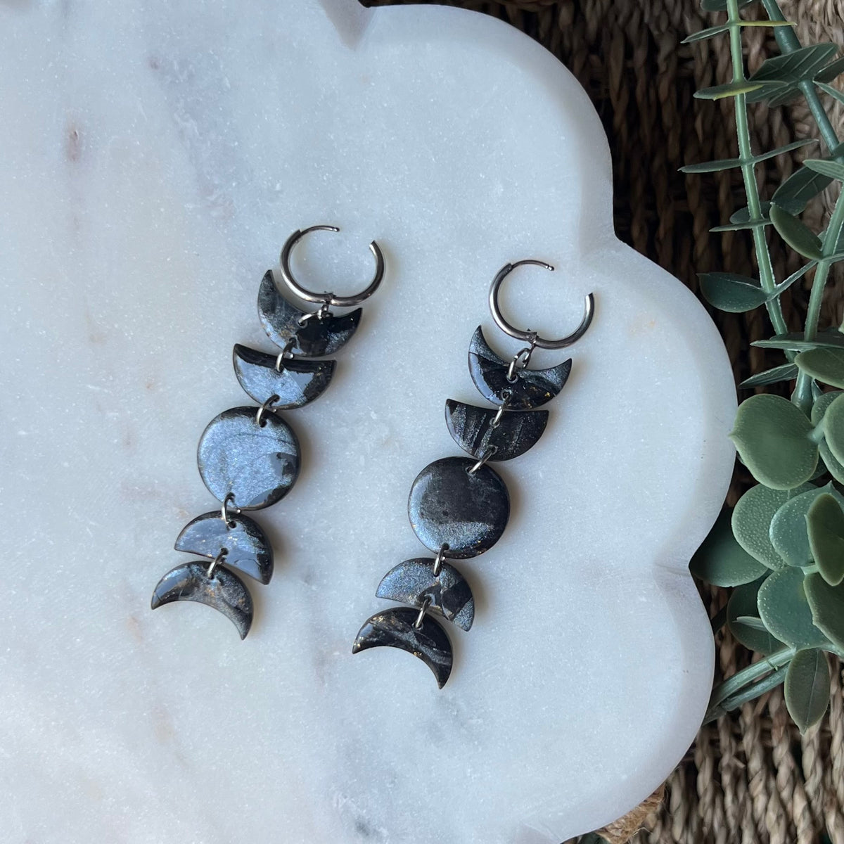 Black Marbled Moon Phase Polymer Clay Dangle Earrings
