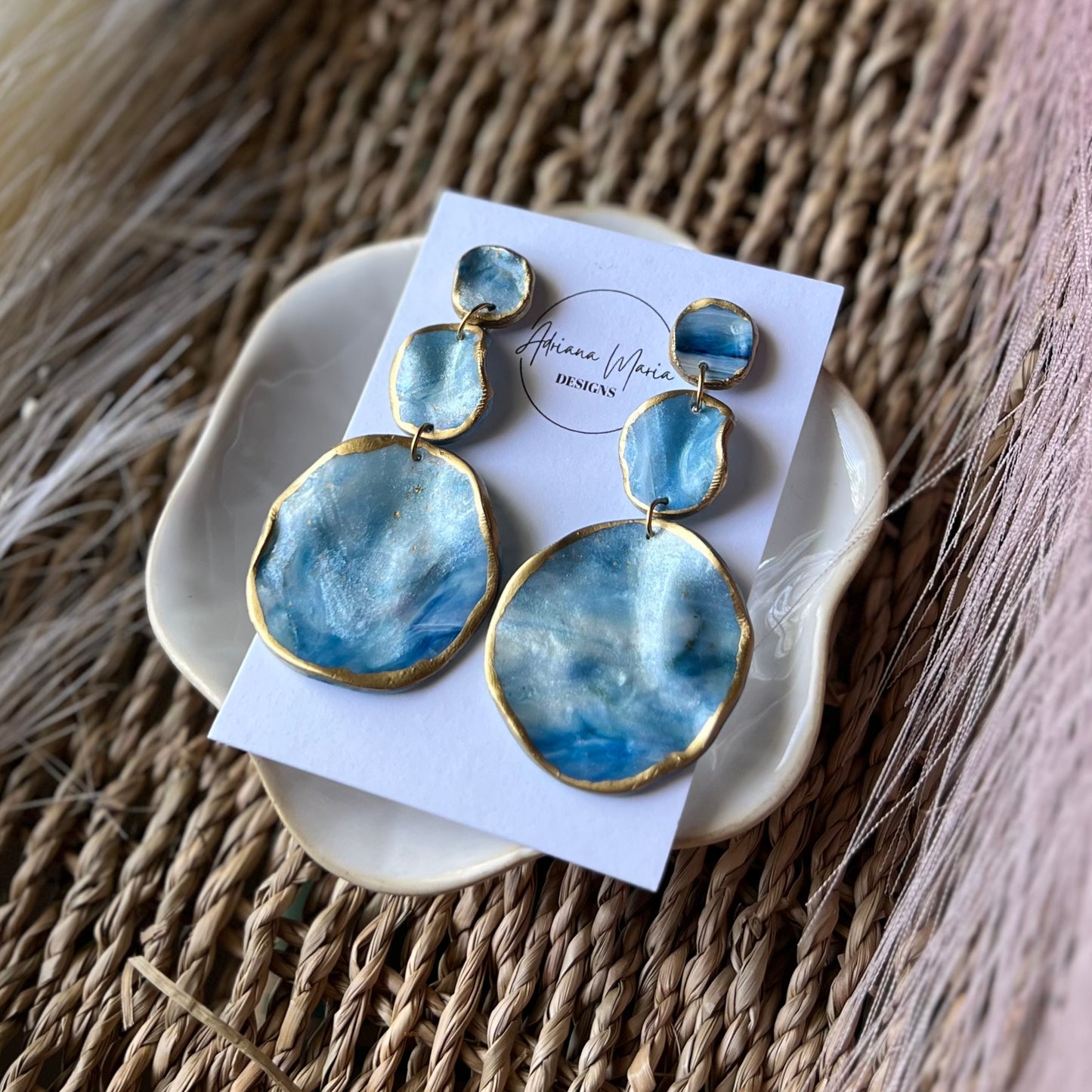 The Catalina – Ocean Blue Marbled Polymer Clay Earrings | Gold Edge Statement Dangles