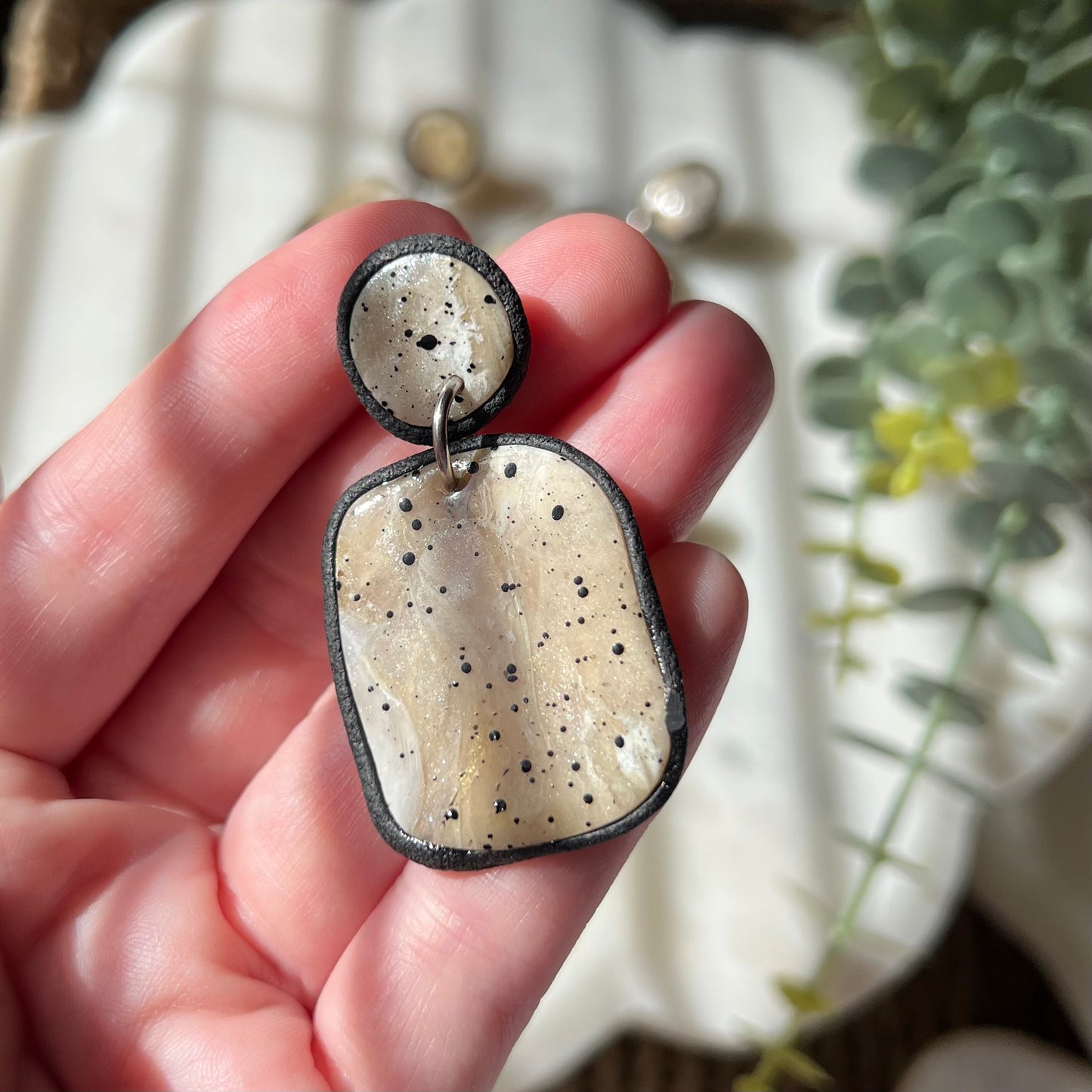 Neutral Marbled Organic Stone Polymer Clay Earrings – Black Speckled Lightweight Statement Dangles