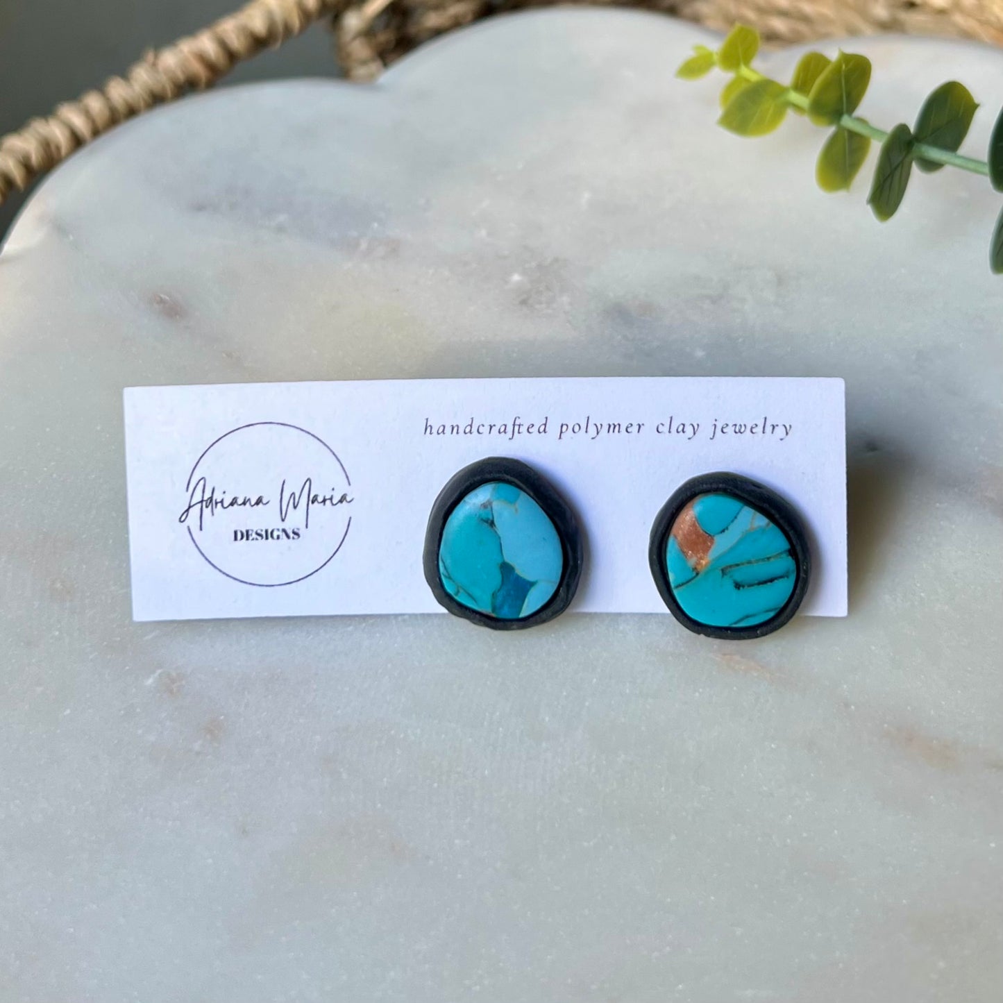 Turquoise Stone inspired Polymer Clay Bezel Stud Earrings, lightweight, western style