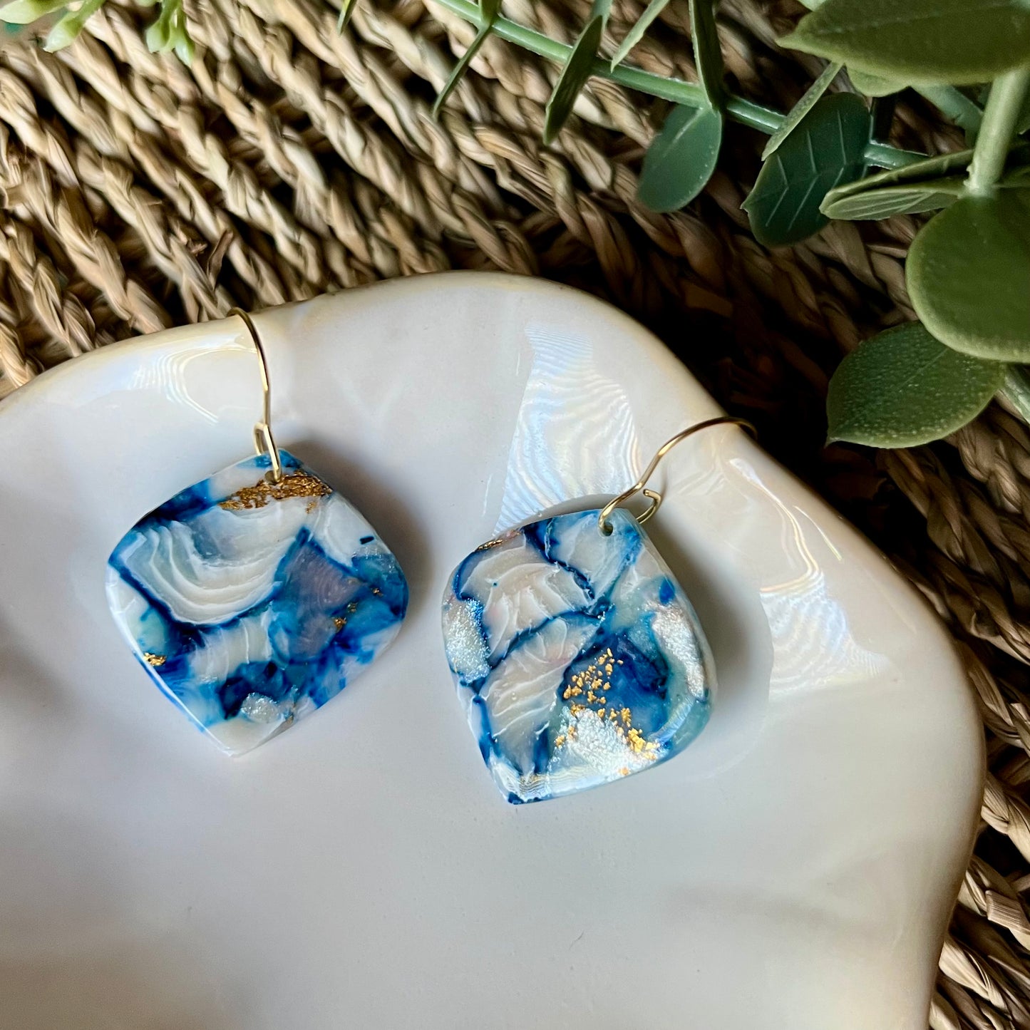 Coastal Blue Marbled Polymer Clay Dangle Earrings