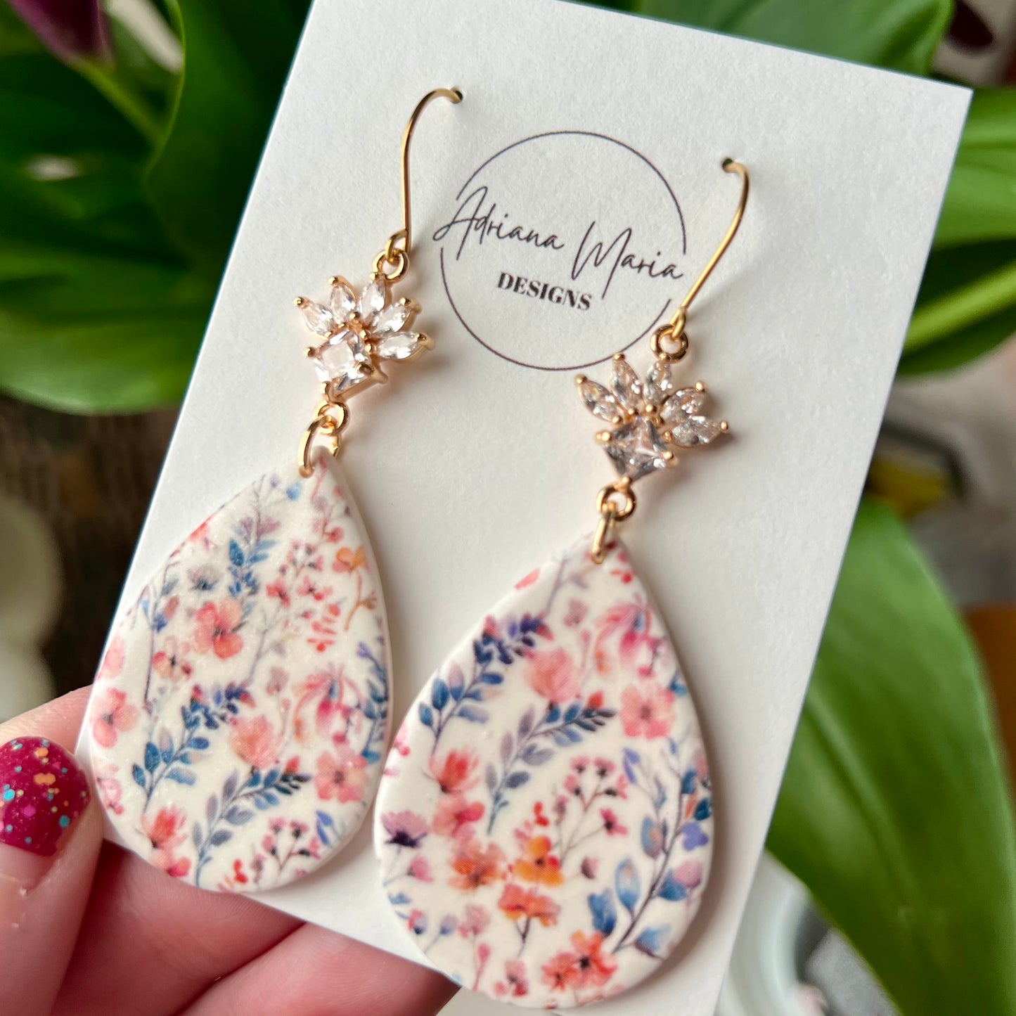 Wildflower Bloom Polymer Clay Statement Dangle Earrings with Cubic Zirconia | Gold