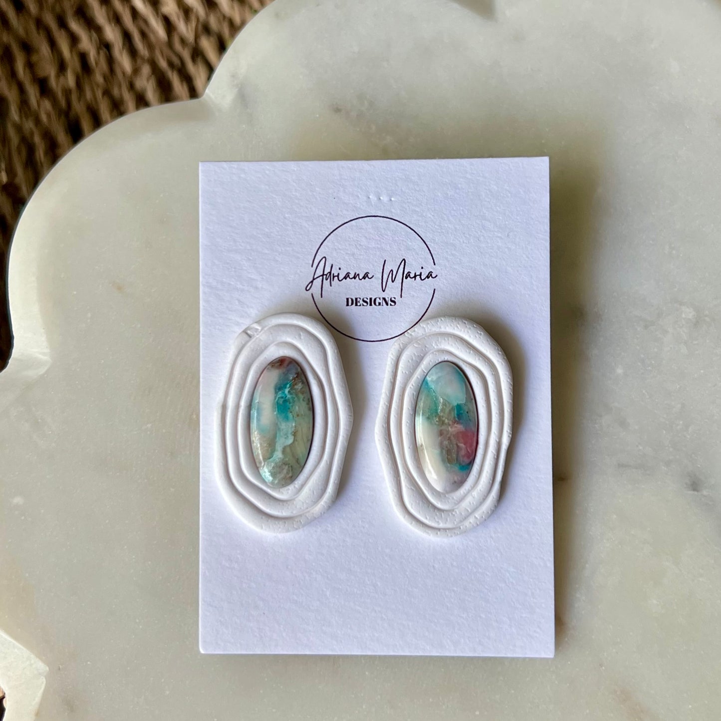 Abstract Coastal Bezel Stone Polymer Clay Statement Stud Earrings