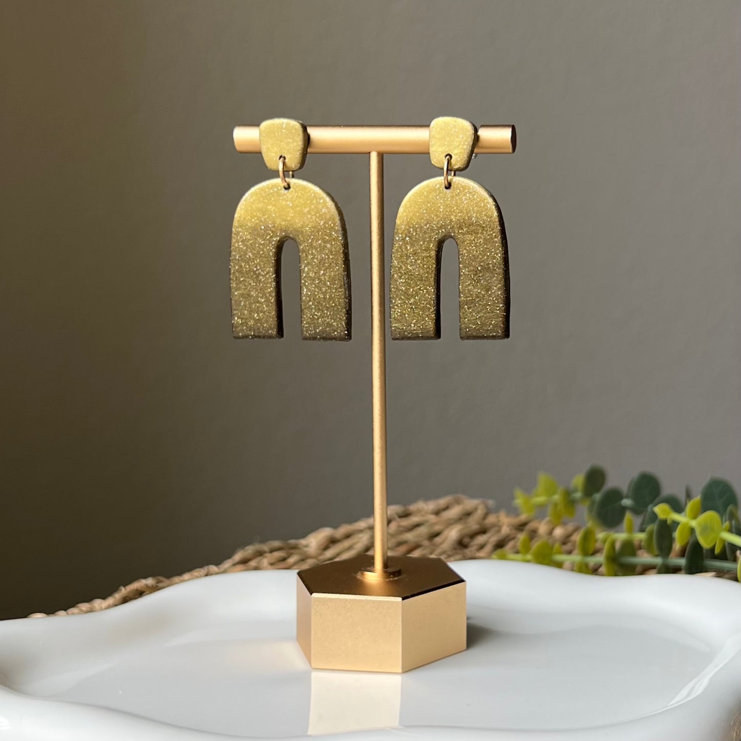 Black & Antique Gold Glitter Ombré Arches Polymer Clay Earrings