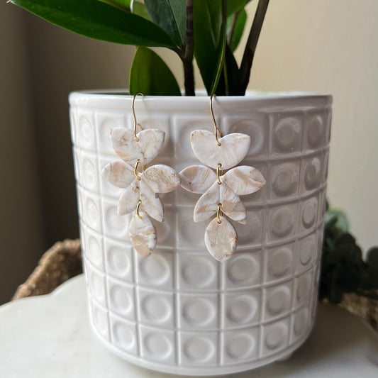 Ivory Pearl Marble Polymer Clay Flower Dangles Earrings