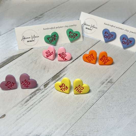 Anti-Valentine’s Day Conversation Heart Polymer Clay Stud Earrings