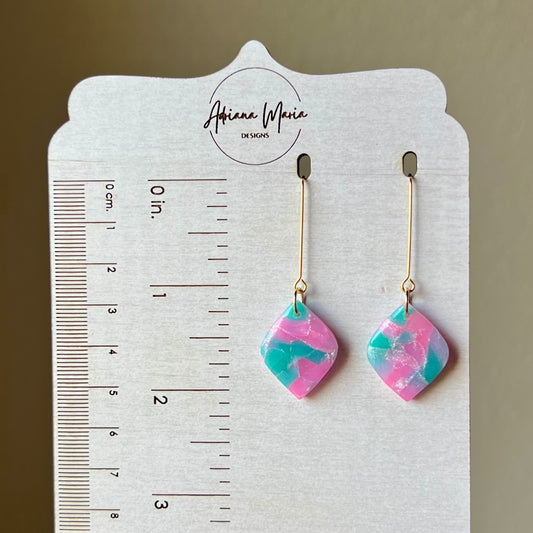 Teal & Pink Marbled Diamond Shaped Polymer Clay  Dangle Earrings
