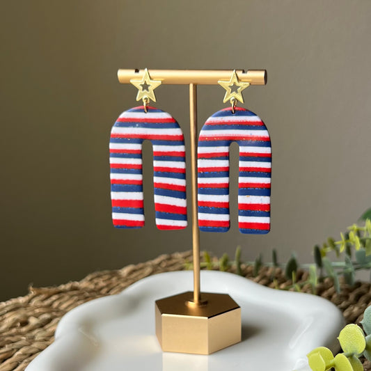 Red, Blue, and White Striped Long Arches Polymer Clay Dangle Earrings