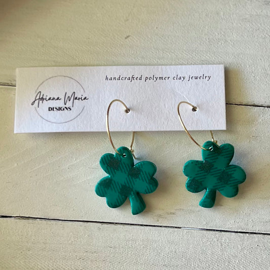 Green & Black Gingham Shamrock Hoops