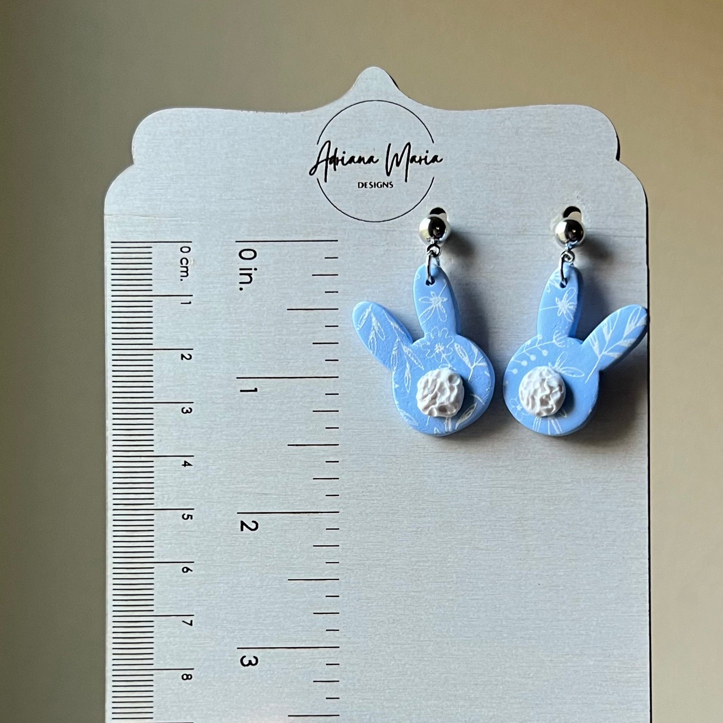 Blue Pastel Floral Print Bunny Polymer Clay Dangle Earrings