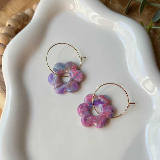 Retro Flower Inspired Polymer Clay Hoop Earrings