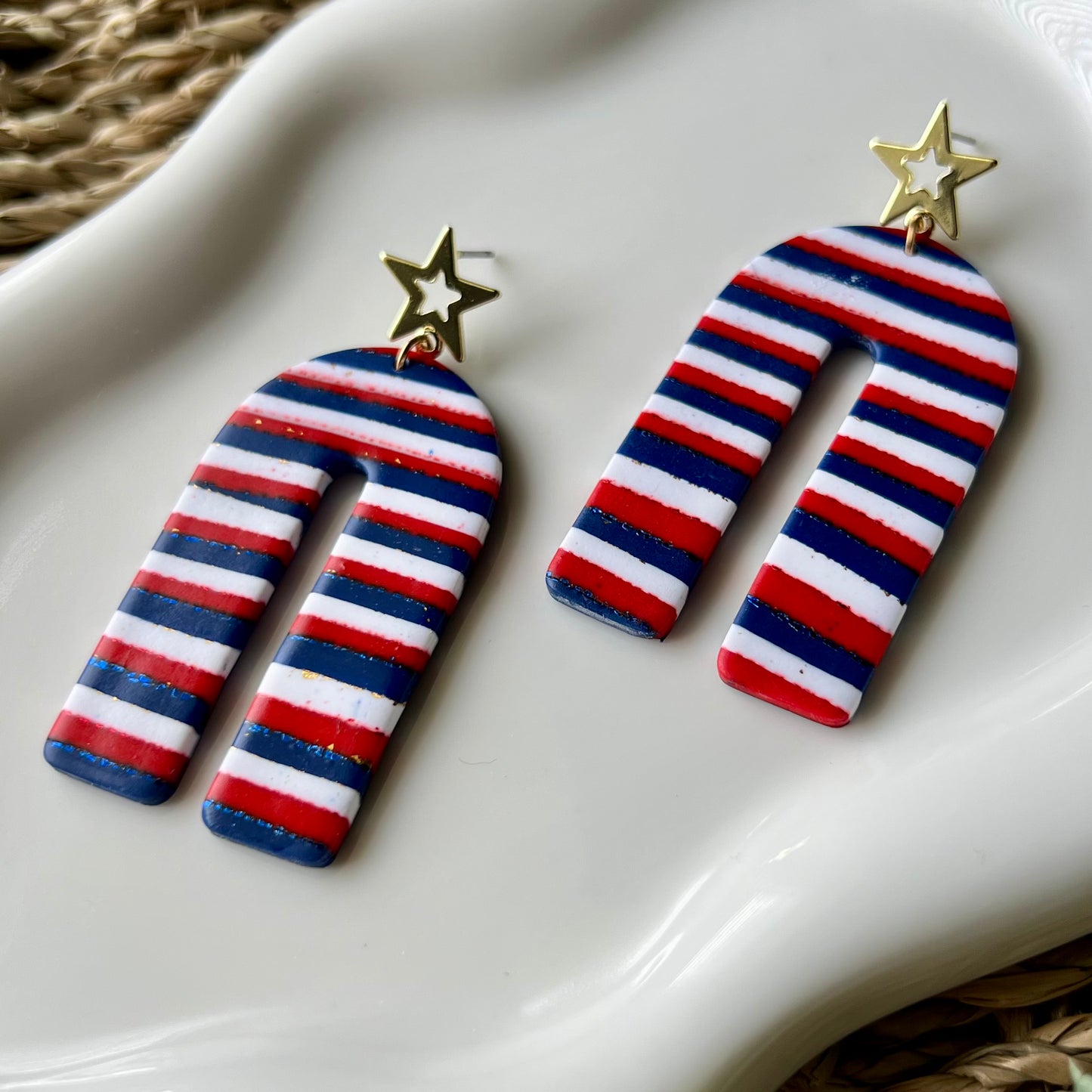 Red, Blue, and White Striped Long Arches Polymer Clay Dangle Earrings