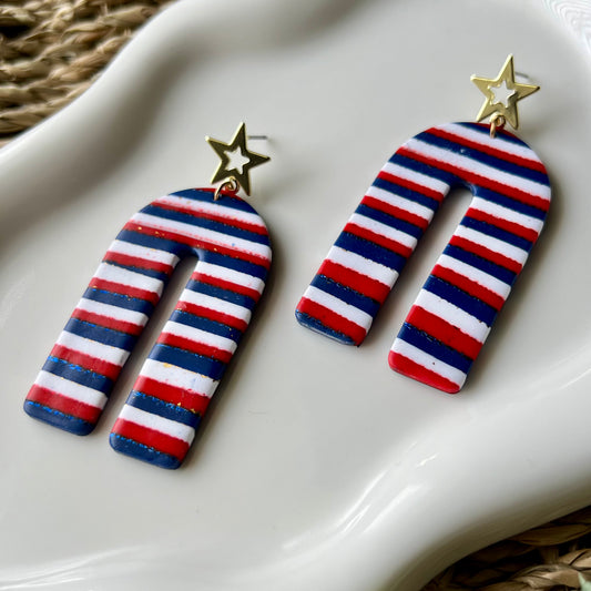 Red, Blue, and White Striped Long Arches Polymer Clay Dangle Earrings