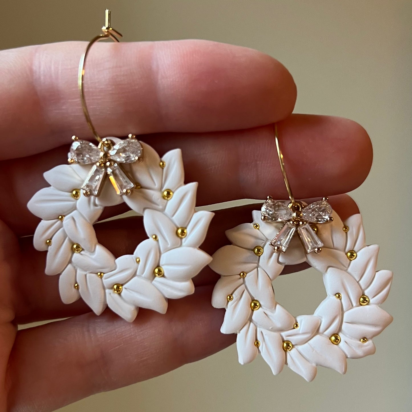 White Christmas Wreath Polymer Clay Hoop Earrings