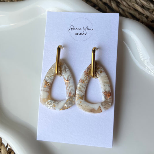 Polymer Clay Earrings Warm Ivory Marbled Huggie Hoop Lightweight Dangles