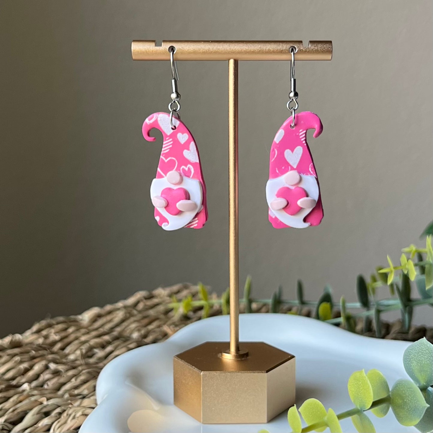 Pink Heart Gnome Polymer Clay Dangle Earrings