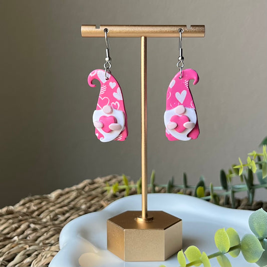 Pink Heart Gnome Polymer Clay Dangle Earrings