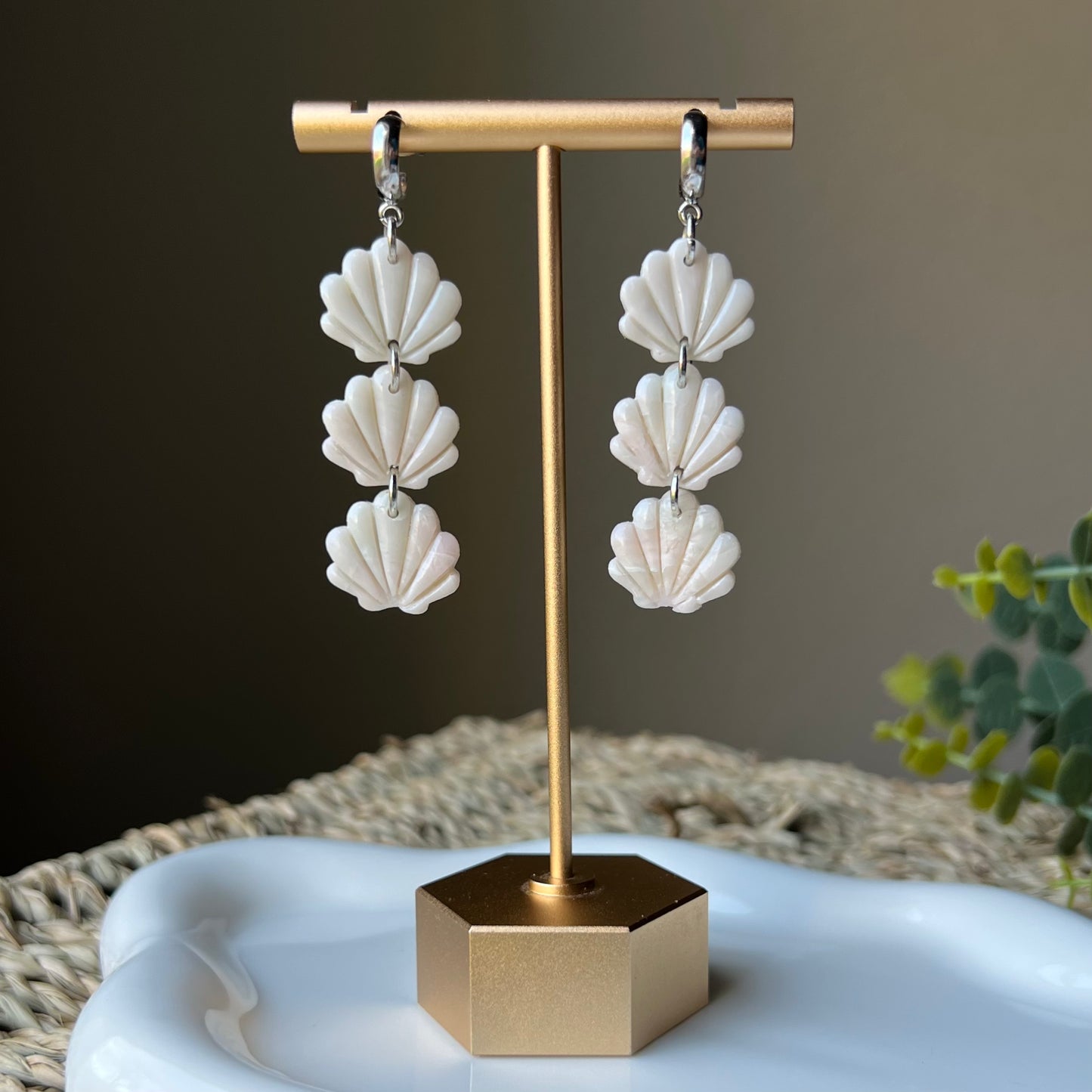 Trio of Seashells Polymer Clay Half Hoop Dangle Earrings