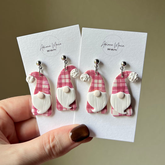 Polymer Clay Earrings - Winter Red Plaid Gnome Lightweight Dangles