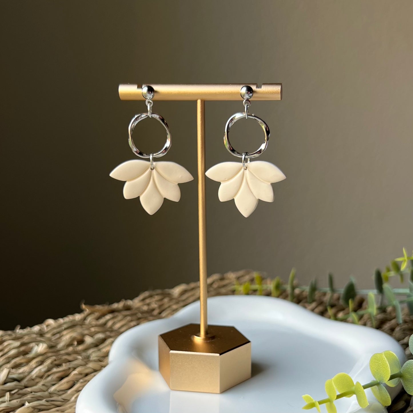 Lotus Cream Colored Polymer Clay Dangle Earrings