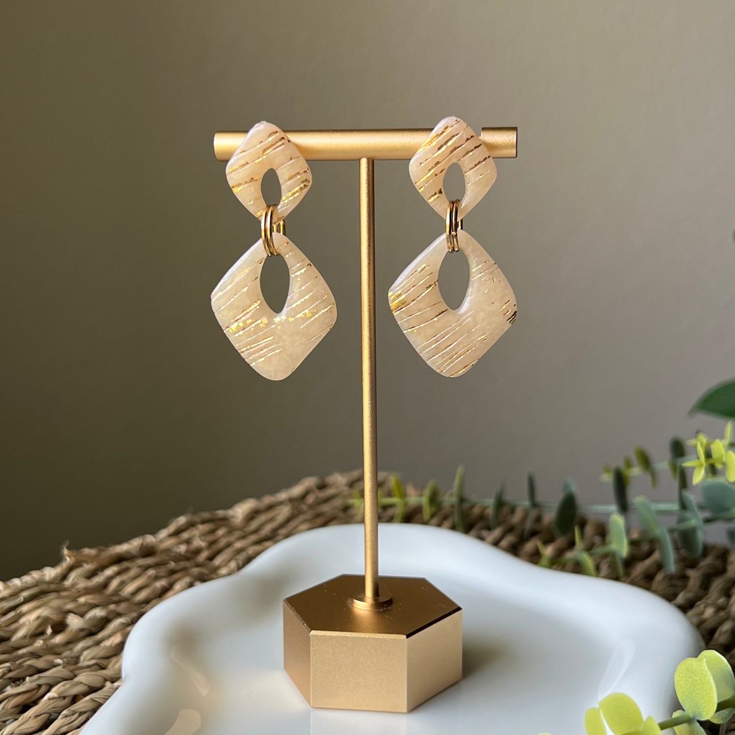 Polymer Clay Earrings - Beige Translucent & Gold Lightweight Dangles
