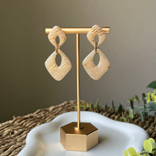 Polymer Clay Earrings - Beige Translucent & Gold Lightweight Dangles