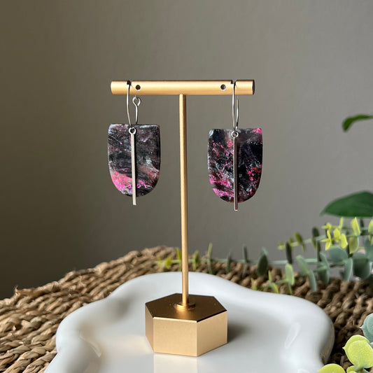 Polymer Clay Earrings - Black & Purple Marbled Hoop Dangles