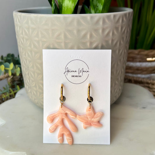 Coral Marbled Starfish & Coral Reef Polymer Clay Earrings, Lightweight Asymmetrical  Dangles, Coastal Beach Style