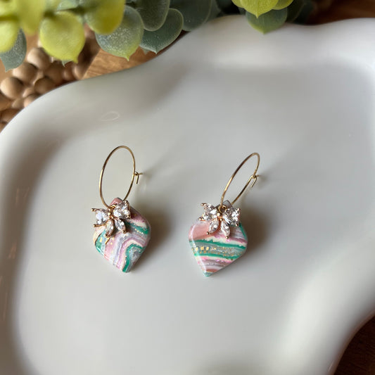 Faux Agate Diamond Shaped Polymer Clay Earrings with Bow CZ Pendant