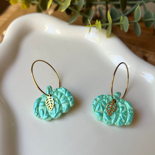 Mint Floral Embossed Pumpkin Polymer Clay Hoop Earrings
