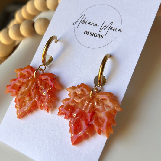 Autumn Sunset: Maple Leaf Polymer Clay Hoop Earrings