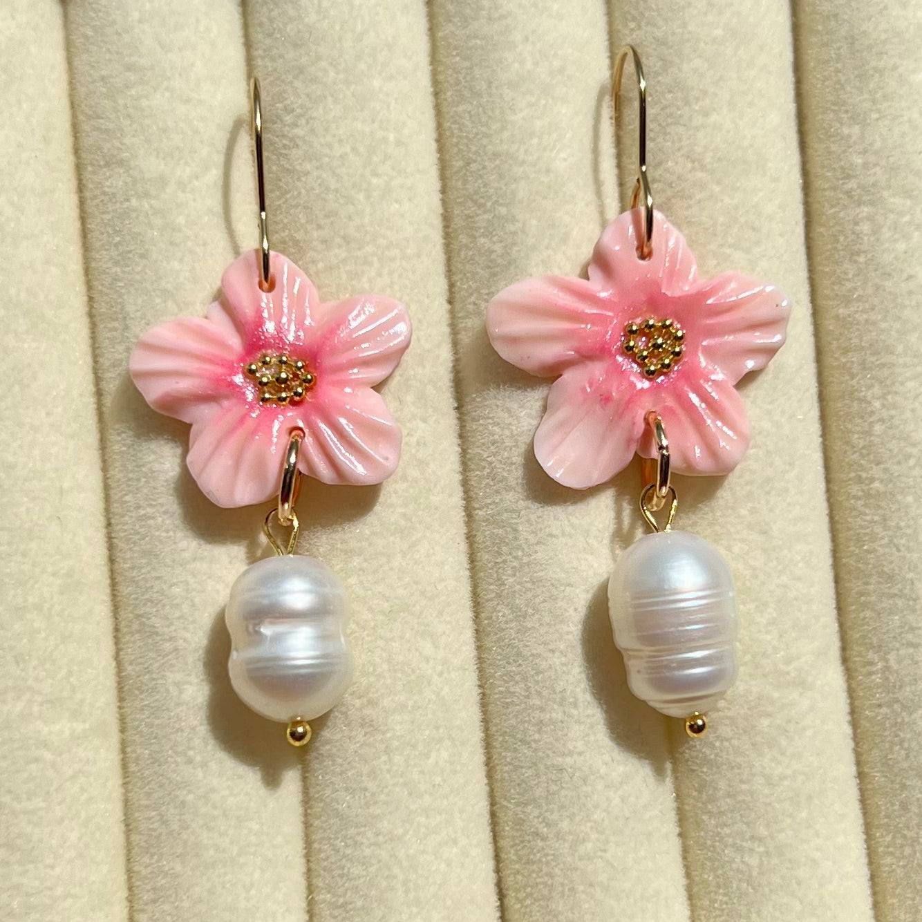 Cherry Blossom Sakura Flower & Pearl Clay Earrings