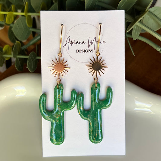 Green Marbled Cactus Sunburst Polymer Clay Earrings