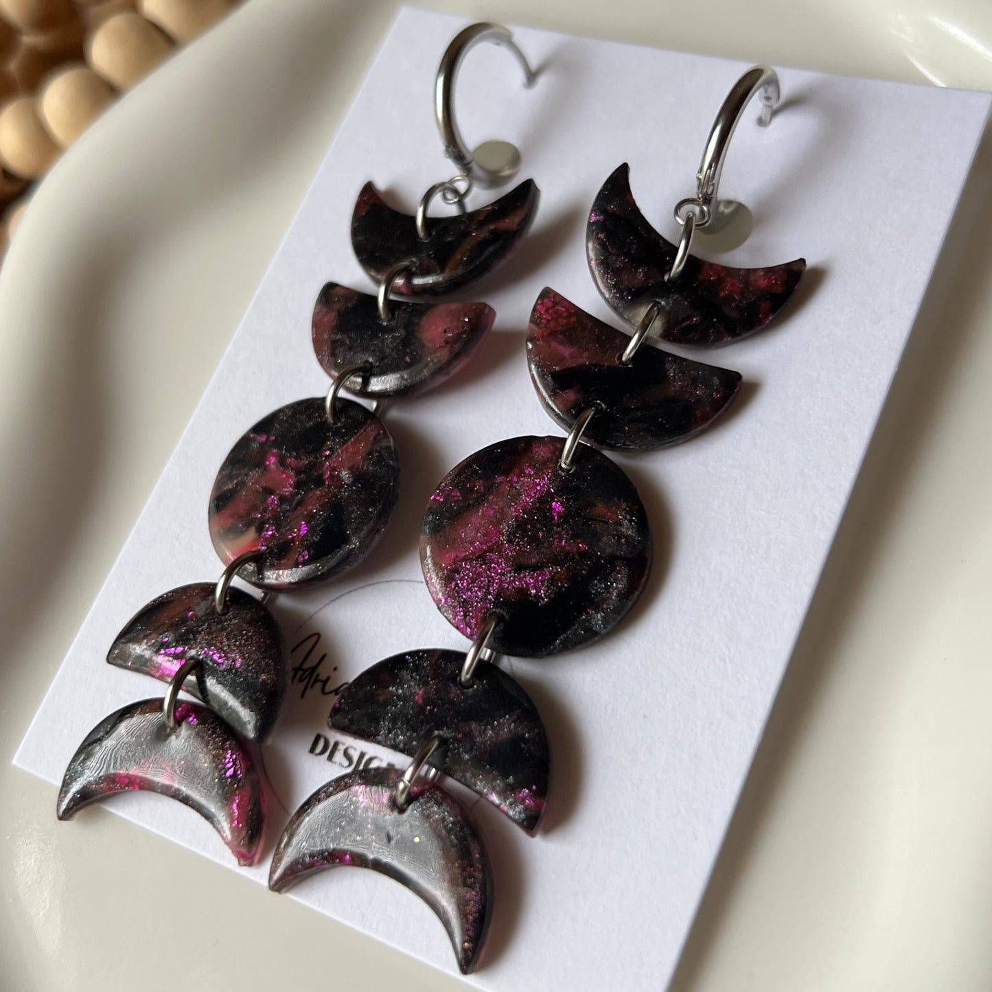 Black & Purple Moon Phase Polymer Clay Earrings