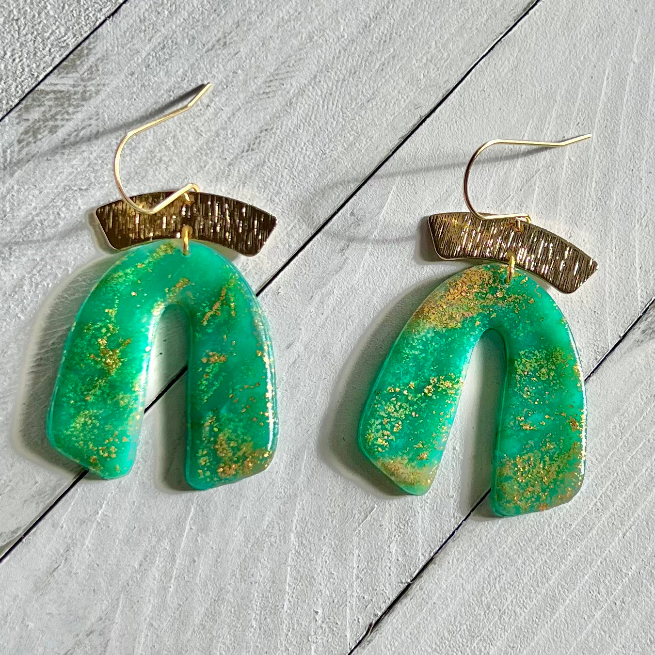 Emerald & Gold Arch Polymer Clay Earrings