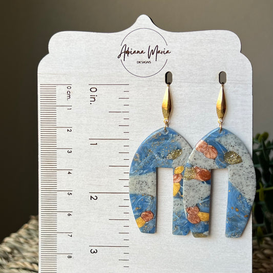 Polymer Clay Statement Earrings - Blue, Granite, and Copper Marbled Arch Dangles
