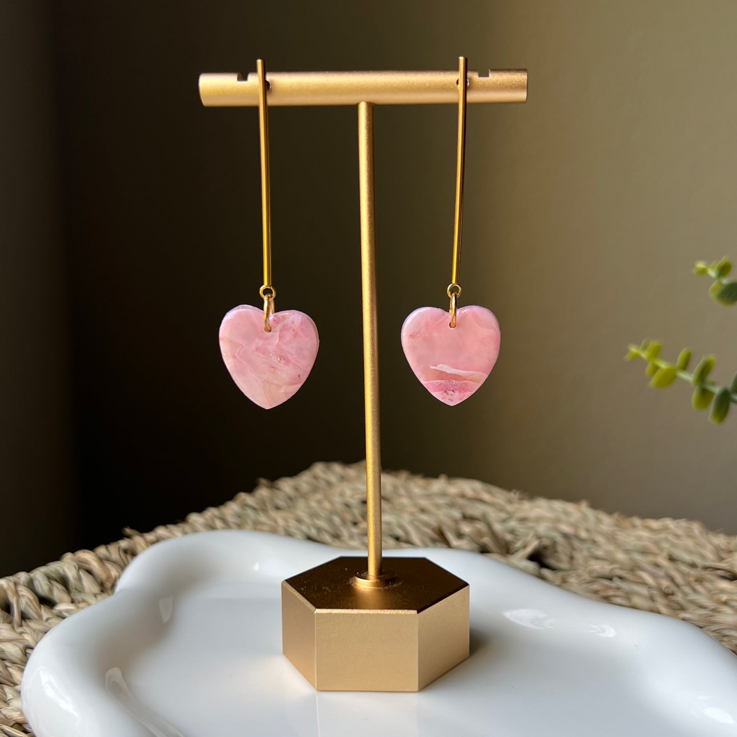 Soft Pink Marbled Heart Drops Polymer Clay Earrings